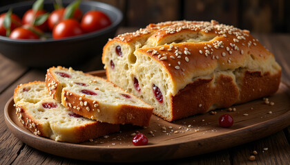 Fototapeta premium Sliced barmbrack bread on wooden plate, rustic Irish delight