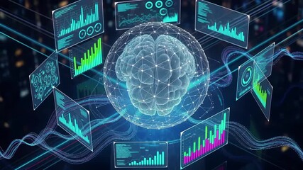 Global data analytics visualization with holographic interface displays. Digital network connectivity charts and statistics dashboard. Futuristic cyber technology with interactive metrics monitoring. - Powered by Adobe