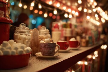 Christmas market stall offering hot chocolate with marshmallows and festive treats
