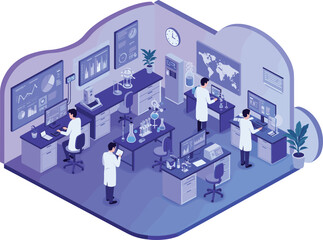 Futuristic laboratory interior with scientists, advanced research lab, digital data analysis, lab technology, biotech innovation, science workspace, analytics.