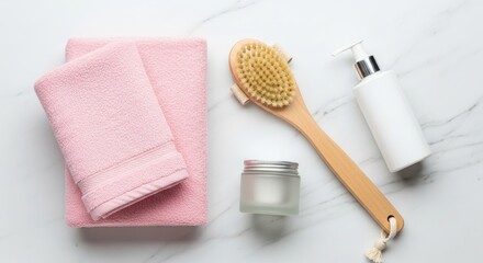 Spa Day Essentials: Pink Towel, Body Brush, Lotion, and Skincare Jar on Marble