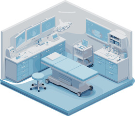 Futuristic surgery room interior, modern operating table, medical equipment setup, sterile hospital environment, digital health tech, smart operating room.
