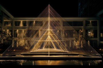Luminous pyramid art installation illuminating courtyard at night