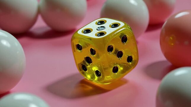 Yellow transparent dice surrounded by white spheres on pink background
 - Powered by Adobe
