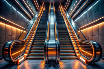 Futuristic Escalators with Neon Lighting in a Modern Urban Environment
