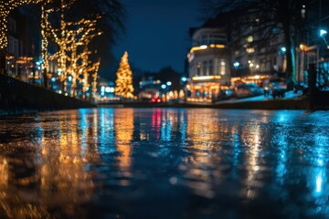 Fototapeta premium Christmas lights reflecting in frozen canal at night