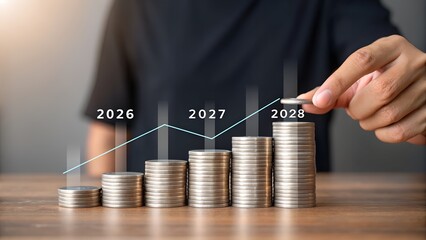 Financial growth forecast with coin stacks and a rising line graph, years 2026-2028.