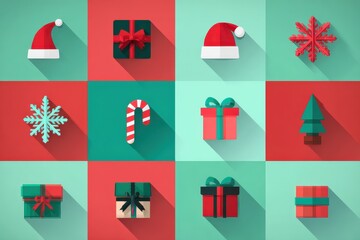 Christmas icons showing festive holiday symbols with santa hats, gift boxes, candy cane, christmas tree and snowflakes