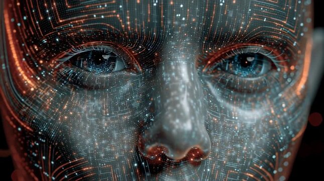 Digital human face close up with glowing particles and intricate circuit like patterns overlaying it