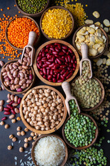 Legumes, a set consisting of different types of beans, lentils and peas