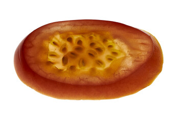 Close-up of a Juicy Tomato Slice Isolated on White Background