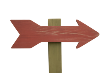 Rustic wooden arrow sign isolated on transparent background with faded red paint, weathered texture, hand-painted style, and simple wooden post for vintage design