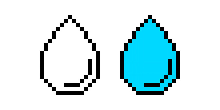 Pixel water drop icons in outlined and filled style, Digital Raindrop Symbol, Blue Pixelated Droplet, Retro 8-Bit Design, Simple Hydration Icon Set, Pixel art.