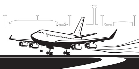 A passenger plane is landing at the airport – vector illustration