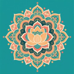 Intricate mandala design featuring a central lotus flower with vibrant geometric patterns and teal background