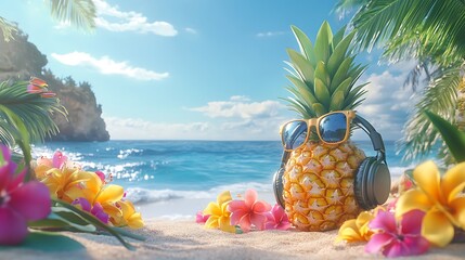 Tropical pineapple with sunglasses and headphones relaxing on a sandy beach photo