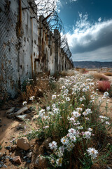 Crumbling Concrete Wall with Rusted Barbed Wire and Wildflowers Growing at Base