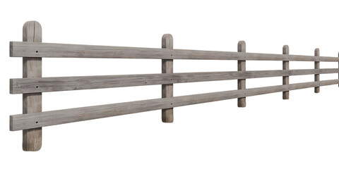 Obraz premium Rustic wooden fence isolated on transparent background with three horizontal rails, weathered grey wood texture, aged posts, and photorealistic vintage countryside design element