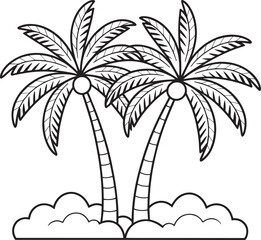 Obraz premium Black and white line art illustration of two palm trees with detailed fronds and curved trunks, suitable for coloring pages, designs, and decoration.
