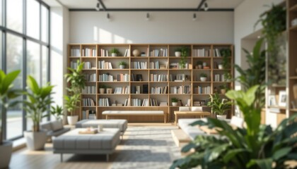 Fototapeta premium Modern reading lounge with large windows, cozy sofas, indoor plants, and bookshelves, filled with natural sunlight for a relaxing and inspiring atmosphere