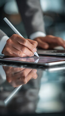 Person using stylus on tablet with laptop in background hand