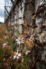 Crumbling Concrete Wall with Rusted Barbed Wire and Wildflowers Growing at Base