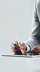 Person wearing a suit using a stylus on a tablet device hand technology