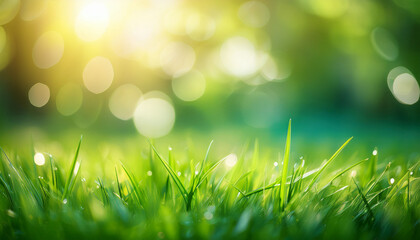Beautiful Blurred Spring Background With Green Grass And Bokeh Light Effect Close Up