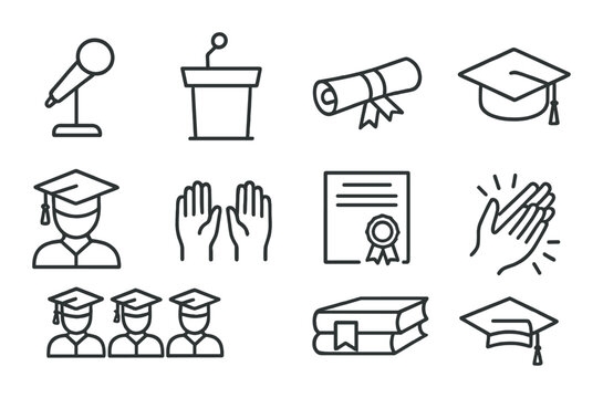 Education icons: microphone, diploma, graduation cap, books, certificate, applause