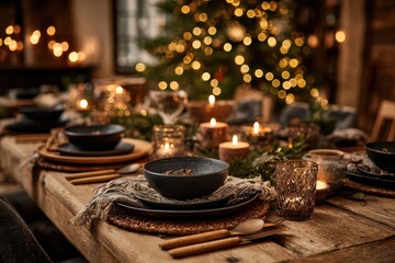 Christmas table setting decorated with candles, fir branches and string lights