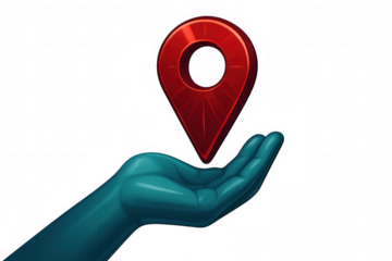 Turquoise hand grasping a large red location pin, set against a transparent background, symbolizing navigation and mapping