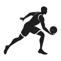Obraz premium Silhouette of a basketball player dribbling the ball isolated on white background for sports concept design