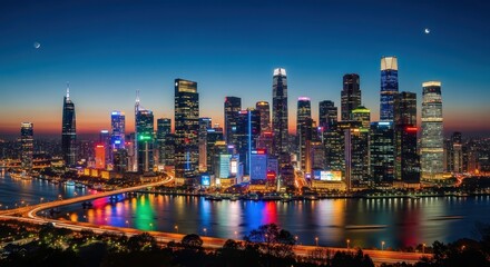 Naklejka premium Guangzhou Skyline at Night, Modern Cityscape with Illuminated Skyscrapers and River Reflection