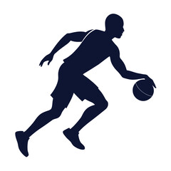 Obraz premium Dark blue silhouette of a basketball player dribbling the ball isolated on white background for sports design