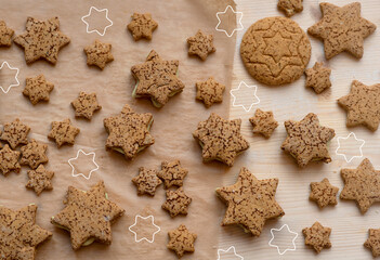 Homemade gluten free star shaped cookies with pistachio cream filling, sugar free biscuits on wooden table