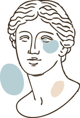 a classical Greek or Roman bust with abstract pastel color accents in blue and beige.