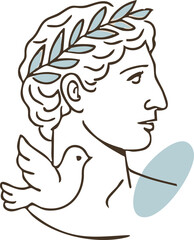 a minimalist line art illustration of a classical male profile with a laurel wreath on his head and...