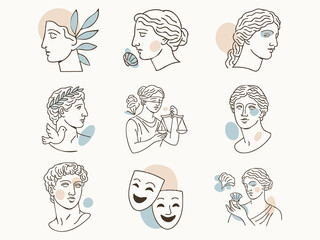 a collection of minimalist line-art Greco-Roman inspired portraits and symbols, accented with pastel beige and blue abstract shapes.
