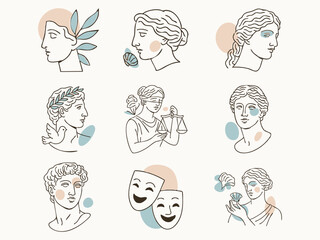 a collection of minimalist line-art Greco-Roman inspired portraits and symbols, accented with pastel beige and blue abstract shapes.