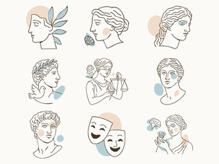 a collection of minimalist line-art Greco-Roman inspired portraits and symbols, accented with pastel beige and blue abstract shapes.