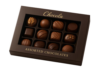 Assorted chocolates in a dark brown box with gold lettering, isolated on transparent background