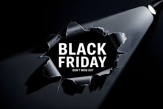 Black friday text revealed through a torn hole in black paper, illuminated by a spotlight, conveying a sense of urgency and exclusive offers