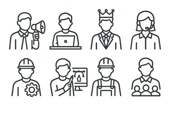 Line art icons of diverse professions including call center, construction, and management