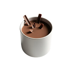 Chocolate shavings on top of hot chocolate in a mug on white