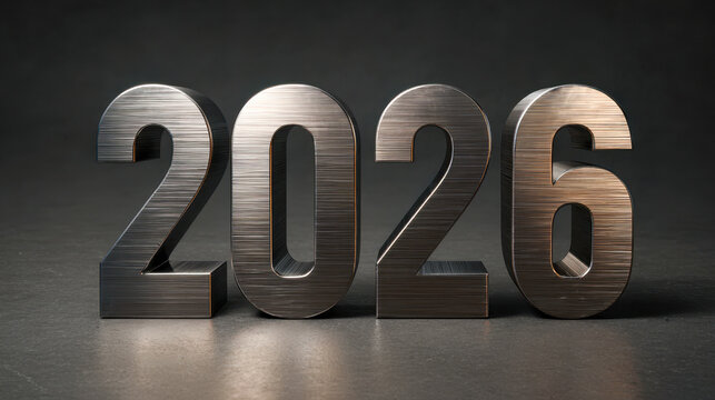 Silver metallic numbers representing the year 2026 on a dark background