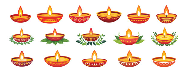 Diwali or dussehra diya lamps on transparent background of Deepavali or Divali light festival. Indian Hindu religion oil lamps or lanterns with burning candle,
