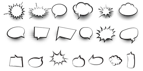 Collection of hand drawn sketchy speech bubbles and explosion shapes for comics and design  vector  illustration white background