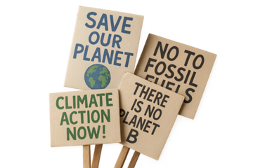 Ultra-realistic transparent background photo of a stack of climate protest placards with handwritten slogans like “Save Our Planet” and “No to Fossil Fuels,” wood sticks and paper textures sharp, symb