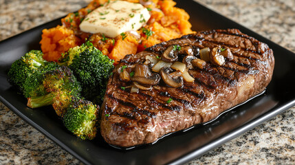 A grilled steak served on a black plate with sautéed onions, accompanied by mashed sweet potatoes and steamed broccoli.