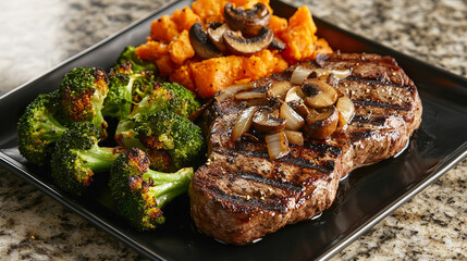 A grilled steak served on a black plate with sautéed mushrooms, sweet potatoes, and steamed broccoli. The meal is well-presented and appetizing.